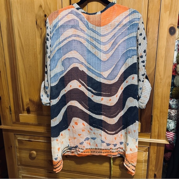 Chico’s large (2) blue/coral blouse with convertible sleeves/gold embellishments - Picture 2 of 5